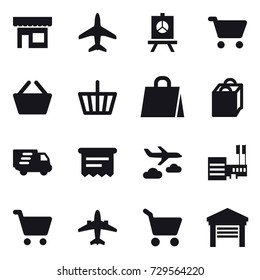 16 vector icon set : shop, plane, presentation, cart, basket, shopping bag, delivery, atm receipt, journey, mall, airplane, garage