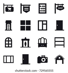 16 vector icon set : shop signboard, abacus, building, window, door, arch window, detector, dresser, rack, barn