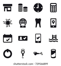 16 vector icon set : shop, coin stack, clock, calculator, chip, notebook globe, check in, mobile checking, pool, handle scales, blower, cleanser powder