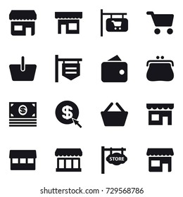 16 vector icon set : shop, shop signboard, cart, basket, wallet, purse, money, dollar arrow, market, store signboard