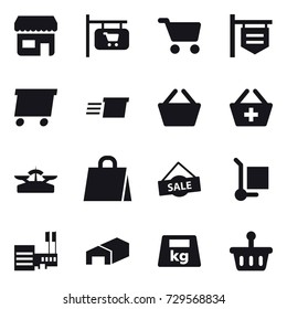 16 vector icon set : shop, shop signboard, cart, delivery, basket, add to basket, scales, shopping bag, sale, cargo stoller, mall, warehouse