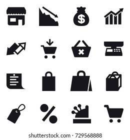 16 vector icon set : shop, crisis, money bag, diagram, up down arrow, add to cart, delete cart, market scales, shopping list, shopping bag, label, percent, cashbox