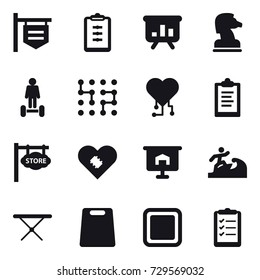 16 vector icon set : shop signboard, clipboard, presentation, chess horse, hoverboard, chip, cardio chip, store signboard, surfer, iron board, cutting board, clipboard list