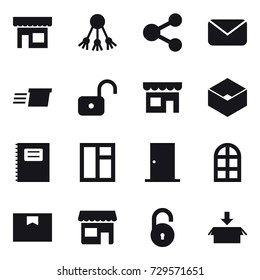 16 vector icon set : shop, share, mail, delivery, unlock, box, copybook, window, door, arch window, package