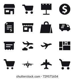 16 vector icon set : shop, cart, billboard, dollar coin, account balance, shopping bag, delivery, atm receipt, journey, plane, airplane