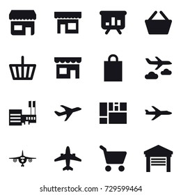 16 vector icon set : shop, presentation, basket, shopping bag, journey, mall, plane, airplane, cart, garage