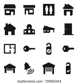 16 vector icon set : shop, wc, home, mansion, house with garage, door, plan, key, do not distrub, garage, bell, please clean