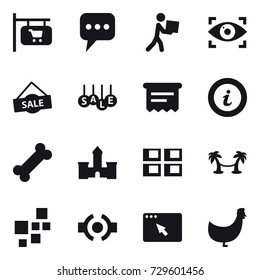 16 vector icon set : shop signboard, message, courier, eye identity, sale, atm receipt, info, castle, panel house, palm hammock, chicken