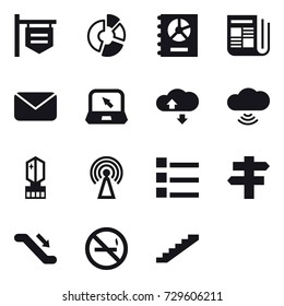 16 vector icon set : shop signboard, circle diagram, annual report, newspaper, mail, notebook, cloude service, cloud wireless, crystall  memory, antenna, list, singlepost, escalator, no smoking