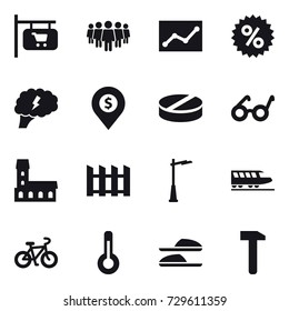 16 vector icon set : shop signboard, team, statistic, percent, brain, dollar pin, mansion, fence, outdoor light, train, bike, thermometer, slippers