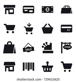 16 vector icon set : shop, card, money, shopping bag, cart, add to cart, basket, credit card, sale, cashbox, store signboard