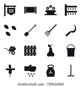 16 vector icon set : shop signboard, fence, flower bed, watering, seeds, shovel, fork, sickle, wheelbarrow, pear, bucket, scarecrow, sow, fertilizer, rake