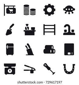 16 vector icon set : shop signboard, coin stack, gear, ufo, construction, water tap, fridge, stands for knives, kitchen scales, garlic clasp, horseshoe