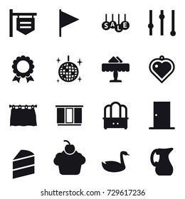 16 vector icon set : shop signboard, flag, sale, equalizer, medal, disco ball, restaurant, heart pendant, curtain, wardrobe, dresser, door, goose, jug