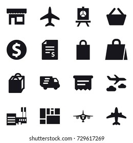 16 vector icon set : shop, plane, presentation, basket, dollar coin, account balance, shopping bag, delivery, atm receipt, journey, mall, airplane