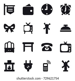 16 vector icon set : shop signboard, wallet, clock, alarm clock, bow, tv, windmill, service bell, dresser, stool, phone, fireplace