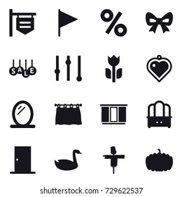 16 vector icon set : shop signboard, flag, percent, bow, sale, equalizer, heart pendant, mirror, curtain, wardrobe, dresser, door, goose, scarecrow, pumpkin