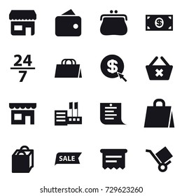 16 vector icon set : shop, wallet, purse, money, 24/7, shopping bag, dollar arrow, delete cart, store, shopping list, sale, atm receipt