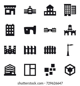 16 vector icon set : shop, cottage, houses, building, slum, school, fort, palace, fence, outdoor light, window