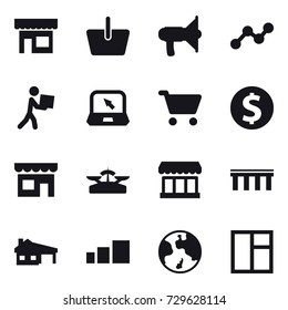 16 vector icon set : shop, basket, loudspeaker, graph, courier, notebook, cart, dollar coin, scales, market, bridge, house with garage, earth, window