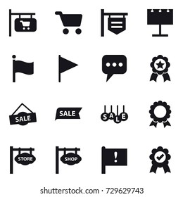 16 vector icon set : shop signboard, cart, billboard, flag, message, medal, sale, store signboard