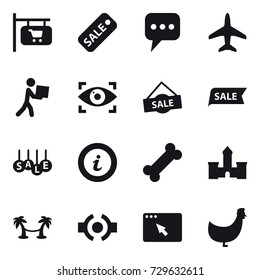 16 vector icon set : shop signboard, sale, message, plane, courier, eye identity, info, castle, palm hammock, chicken