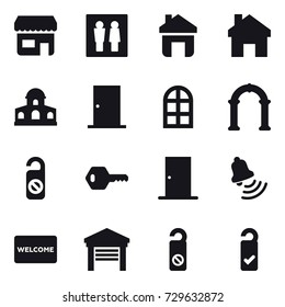 16 vector icon set : shop, wc, home, mansion, door, arch window, arch, do not distrub, key, bell, welcome mat, garage, please clean