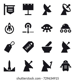 16 vector icon set : shop signboard, billboard, satellite antenna, rocket, laser, ufo, lunar rover, label, sale label