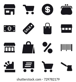 16 vector icon set : shop, cart, dollar, purse, money, sale, shopping bag, market, percent, barcode, cashbox, delivery, turk