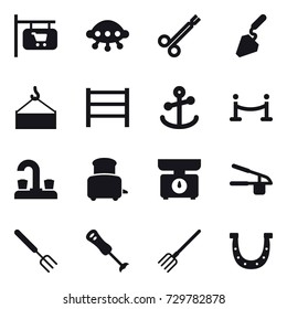 16 vector icon set : shop signboard, ufo, construction, vip fence, water tap, toaster, kitchen scales, garlic clasp, big fork, fork, horseshoe