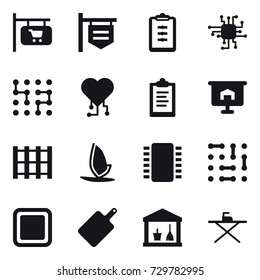 16 vector icon set : shop signboard, clipboard, chip, cardio chip, presentation, windsurfing, cutting board, utility room, iron board