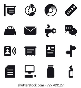 16 vector icon set : shop signboard, circle diagram, sale, shopping bag, mail, satellite, discussion, pass card, atm receipt, toilet cleanser