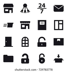 16 vector icon set : shop, share, 24/7, mail, delivery, copybook, window, door, arch window, unlock, unlocked, package