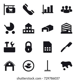 16 vector icon set : shop signboard, phone, graph, group, baby stroller, cottage, warehouse, repair tools, chef knife, barn, ecology, rake, spot