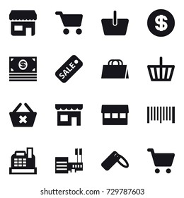16 vector icon set : shop, cart, basket, dollar, money, sale, shopping bag, delete cart, market, barcode, cashbox, mall