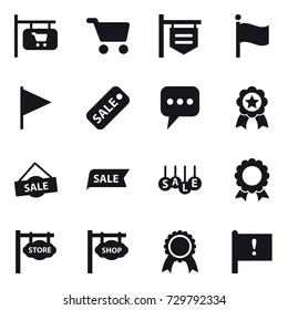 16 vector icon set : shop signboard, cart, flag, sale, message, medal, store signboard