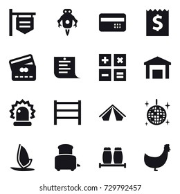 16 vector icon set : shop signboard, jet robot, credit card, receipt, shopping list, calculator, tent, disco ball, windsurfing, toaster, chicken