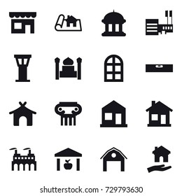16 vector icon set : shop, project, goverment house, mall, airport tower, minaret, arch window, level, bungalow, antique column, home, warehouse, barn, housing