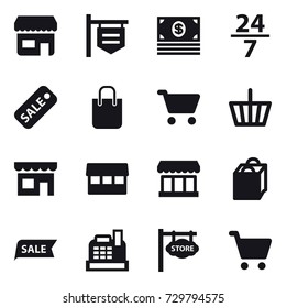 16 vector icon set : shop, shop signboard, money, 24/7, sale, shopping bag, cart, basket, market, cashbox, store signboard