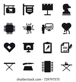 16 vector icon set : shop signboard, billboard, chess horse, chip, presentation, cardio chip, iron board, cutting board
