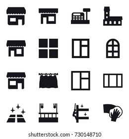 16 vector icon set : shop, cashbox, mansion, window, arch window, curtain, clean floor, skyscapers cleaning, skyscrapers cleaning, wiping