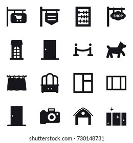 16 vector icon set : shop signboard, abacus, building, door, vip fence, dog, curtain, dresser, window, barn, clean  window