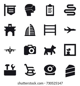 16 vector icon set : shop signboard, virtual mask, clipboard, arch, skyscraper, plane, camera, dog, flower in window, repair tools, rocking chair