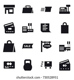 16 vector icon set : shop, shopping bag, delivery, cashbox, credit card, store, shopping list, sale, store signboard, mall