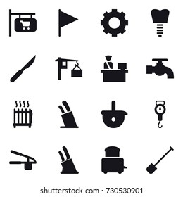 16 vector icon set : shop signboard, flag, gear, water tap, radiator, stands for knives, handle scales, garlic clasp, knife holder, shovel