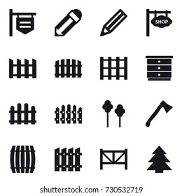16 vector icon set : shop signboard, pencil, fence, chest of drawers, trees, axe, barrel, farm fence, spruce