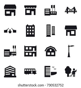 16 vector icon set : shop, store, bridge, drawbridge, building, skyscrapers, mall, modular house, house, outdoor light, bus, hotel, garden cleaning