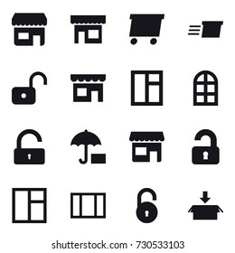 16 vector icon set : shop, delivery, unlock, window, arch window, unlocked, package