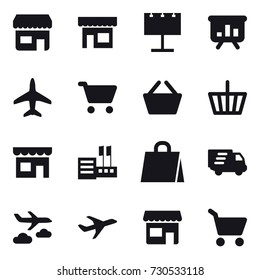 16 vector icon set : shop, billboard, presentation, plane, cart, basket, store, shopping bag, delivery, journey
