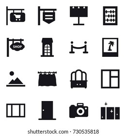 16 vector icon set : shop signboard, billboard, abacus, building, vip fence, photo, landscape, curtain, dresser, window, door, clean  window